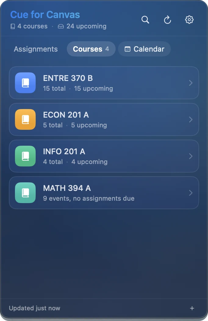Courses tab showing four courses with their own colors